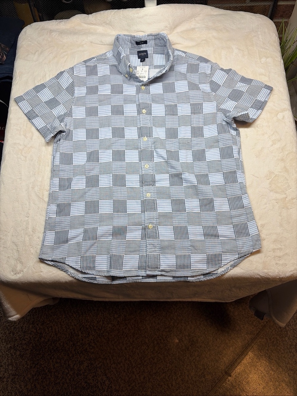 J Crew Slim Fit Sz L Geometric Short Sleeve Button Down Black/Blue/White Cotton